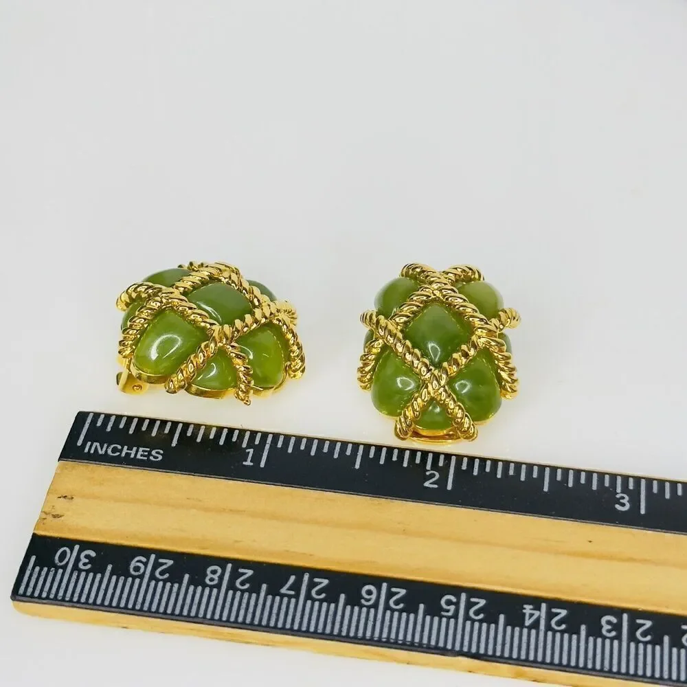 Vintage KJL Kenneth J Lane Earrings Gold Rope Quilted Green Lucite Clip On 1133 - Picture 14 of 15